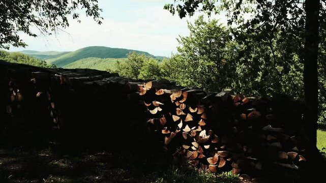 A large stack of chopped firewood in the shade, with scenic mountain hills in the background near Staro Selo village, Serbia country. Horizontal 4k footage