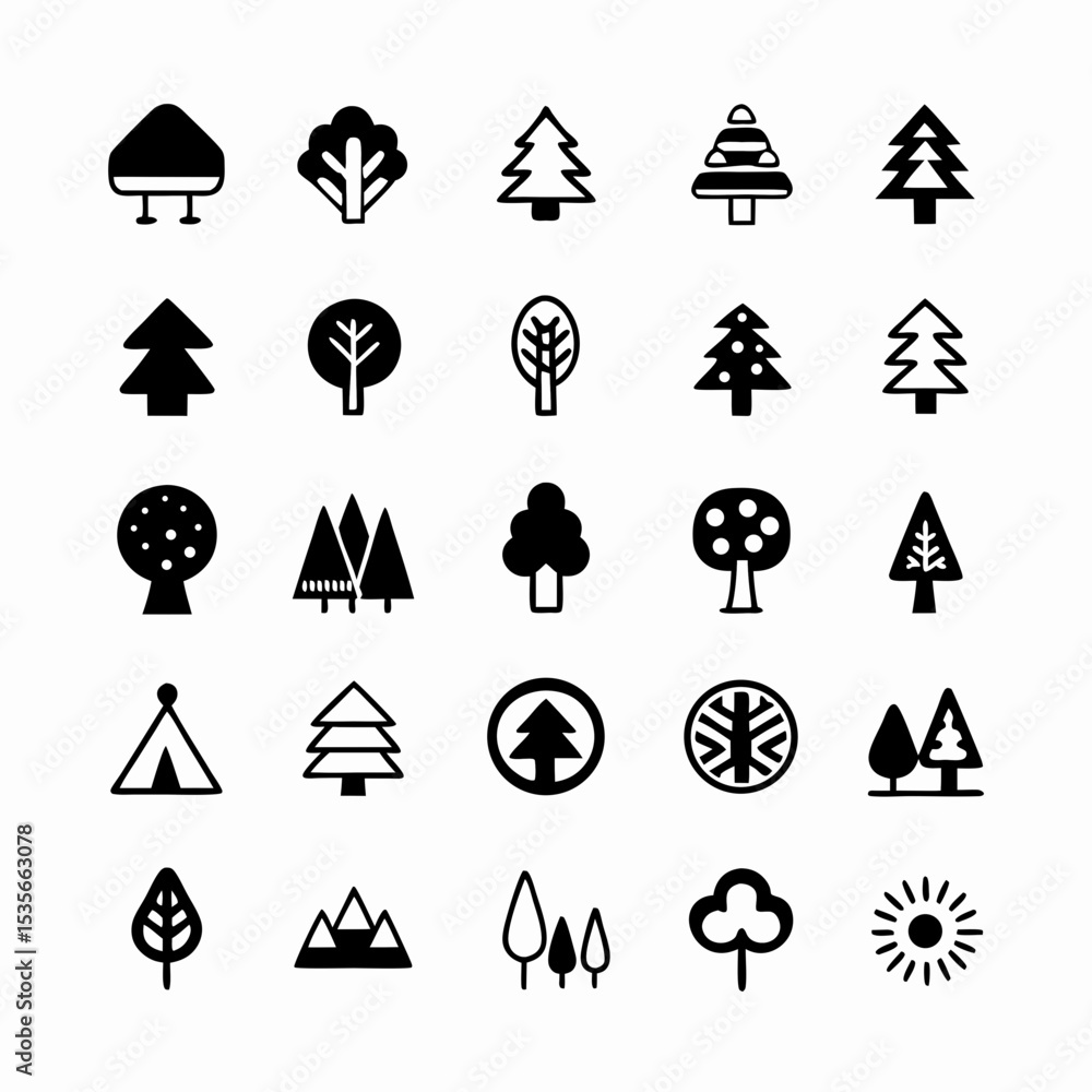 Poster design a diverse icon set featuring various trees and forest scenes, including deciduous, coniferous