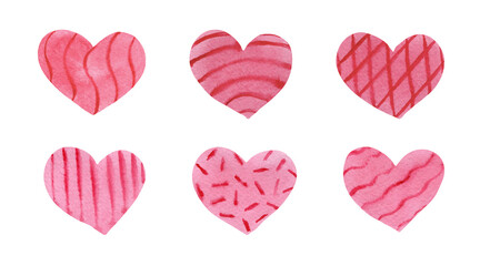 Set of pink hearts textured watercolor wavy lines stripes stripes sprinkles checkered hand drawn wet effect on paper