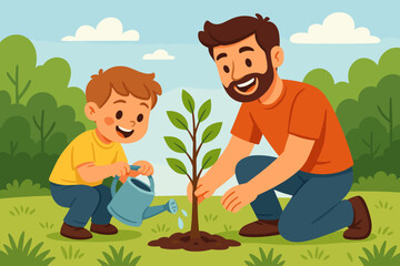 Father and son planting a tree together. Happy family gardening outdoors. Concept of parenting, teaching, environmental conservation, growth, Father's Day, future. Cartoon vector.