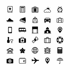 Design a set of vibrant, modern icons representing various aspects of online travel booking and reservation processes, including flights, hotels, cars, and activities.