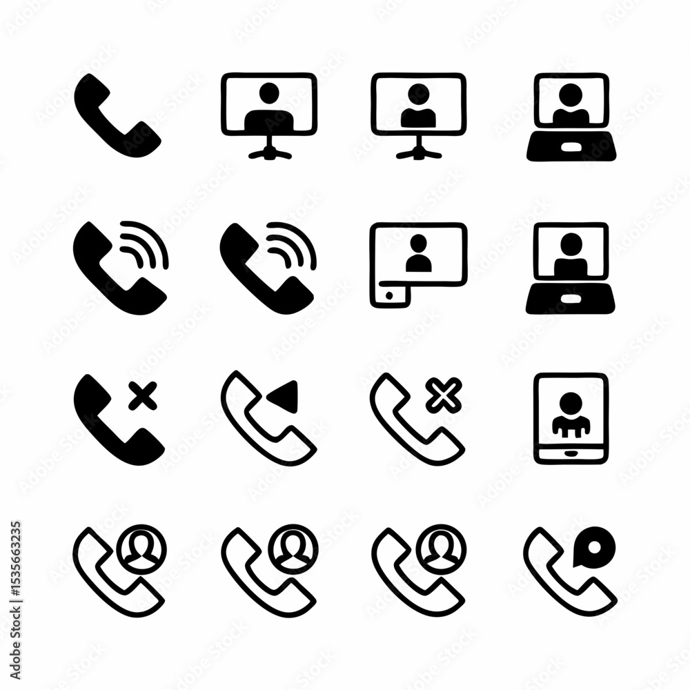 Poster design a set of sleek, modern icons depicting voice call and video chat functionalities, suitable fo