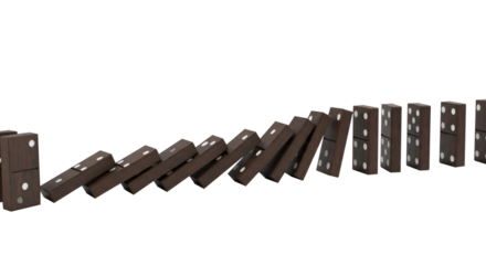 A chain reaction of falling dominoes isolated on transparent background