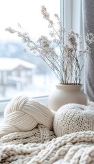 A cozy winter scene featuring dried flowers, yarn, and knitted fabrics near a window.