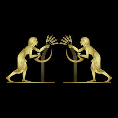 Symmetrical ethnic design with two ancient Egyptian men reaping cereal grass with sickles. Agricultural harvest motif. Golden glossy silhouette on black background.