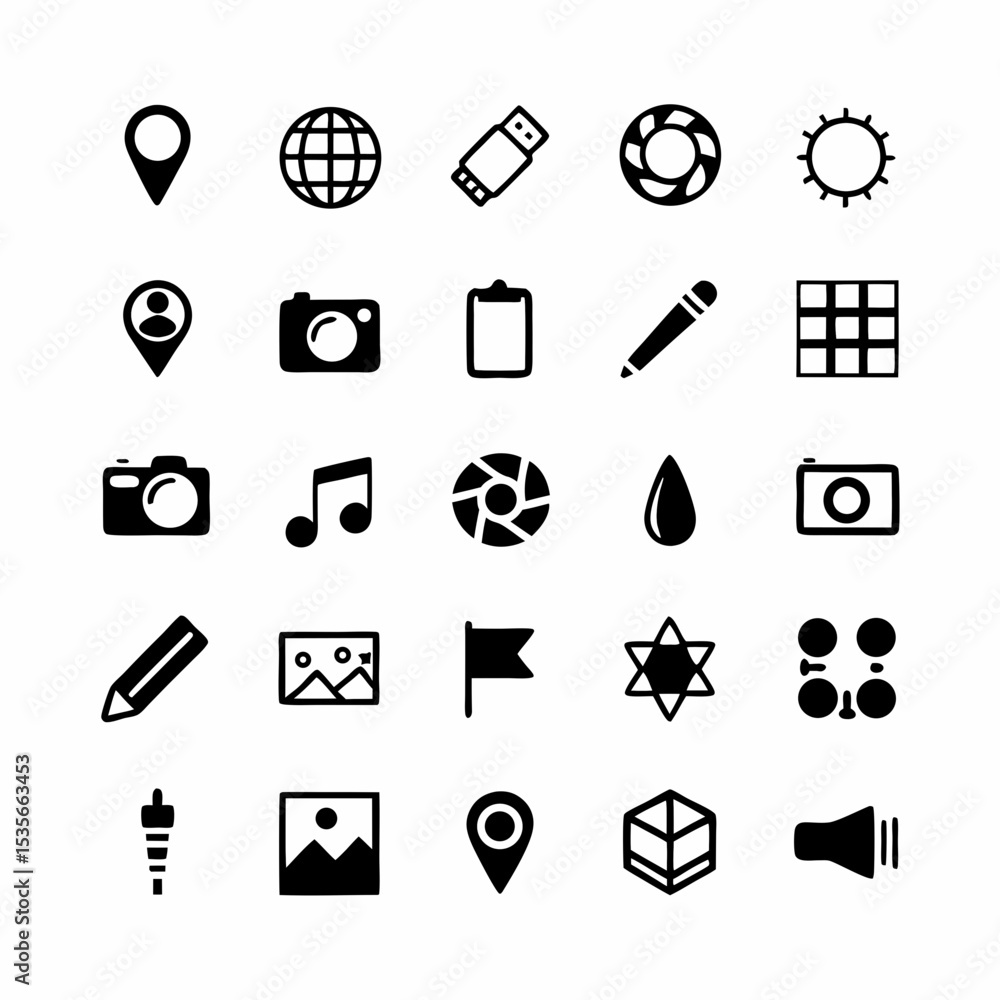 Poster create a visually appealing set of location icons overlaid on a detailed world map, suitable for web