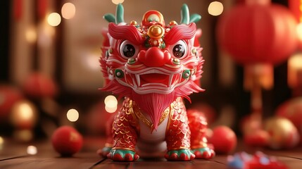Fototapeta premium Colorful Chinese Lion Dance Figurine with Festive Background
