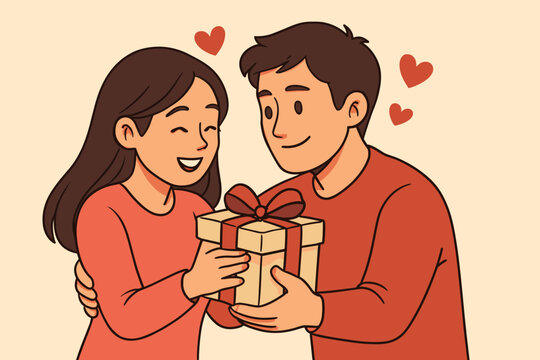 Romantic couple celebrating Valentine's Day. Man giving a surprise gift box to a happy woman. Boyfriend surprising his girlfriend. Anniversary, birthday present concept vector.