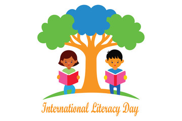 International Literacy Day Art Kids Reading Under a Magical Word-Growing Tree.