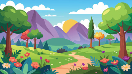 Naklejka premium Colorful Cartoon Landscape with Forest, Mountains, Sun, Flowers, Path, and Rolling Hills