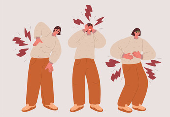 Cartoon vector illustration of a woman in three different poses suffering from headache, back pain, and stomach ache, representing common health problems