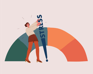 Cartoon vector illustration of a woman pulling the stress level gauge backward, symbolizing stress relief, emotional control, and mental health management