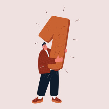 Cartoon vector illustration of a man holding the number one in his hands, symbolizing leadership, success, or first place