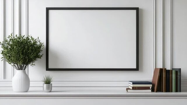 Empty black framed picture on a light gray wall with decorative molding, potted plants, and books on a white shelf
