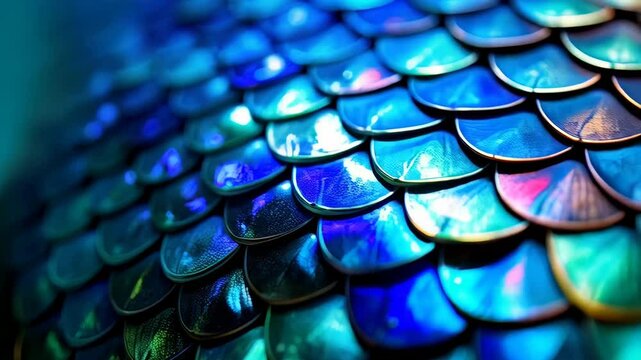 Vibrant and colorful iridescent scales in a repeating textured pattern with glossy finish, an abstract fantasy background