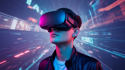 A young man wearing a vr headset immersed in a futuristic digital world with neon lights and cybernetic visuals