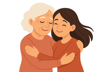 Happy elderly mother and adult daughter hugging. Loving family relationship concept. Grandmother and granddaughter embrace with tenderness and care. Two generations of women support.