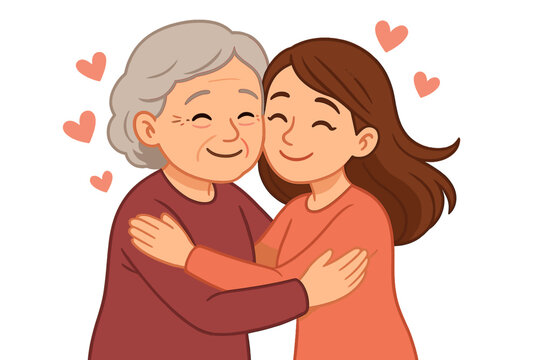 Happy adult daughter hugging her elderly senior mother with love and affection. Family relationship concept. Mother's Day greeting card. Cute cartoon vector illustration isolated.