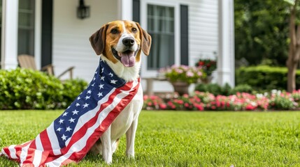 Elegant American Foxhound adorned in flag celebrating Independence Day at a charming home