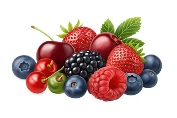 Assorted Fresh Berries and Cherries Still Life on Transparent Background
