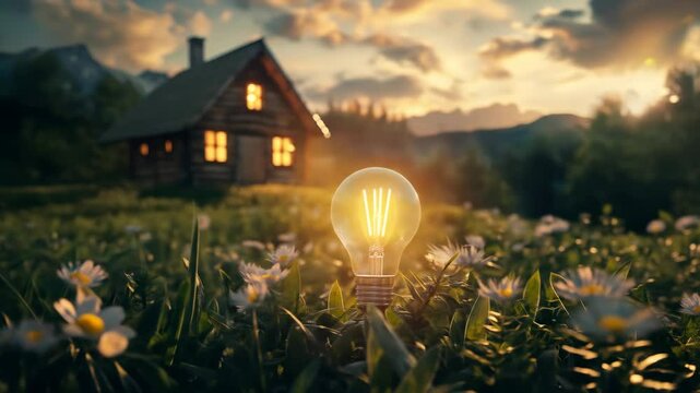 An illuminating light bulb in a field with a cabin in background. Sustainable energy concept, renewable power footage.
