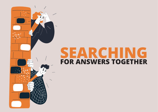 Cartoon vector illustration of two people spying from either side of a wall with empty speech bubble, symbolizing secrecy and curiosity