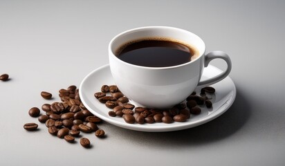 Rich Dark Roast Coffee in a White Cup with Roasted Beans
