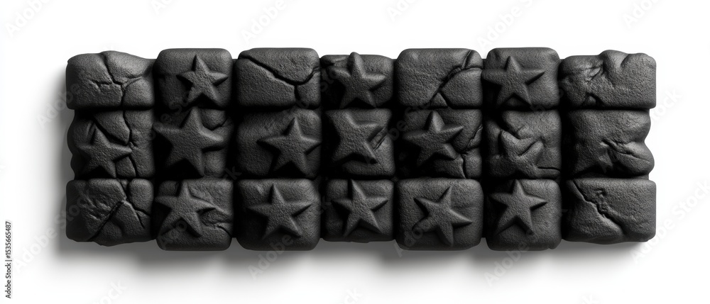 Poster long horizontal row of textured black star and cube-shaped objects with detailed surface design and 