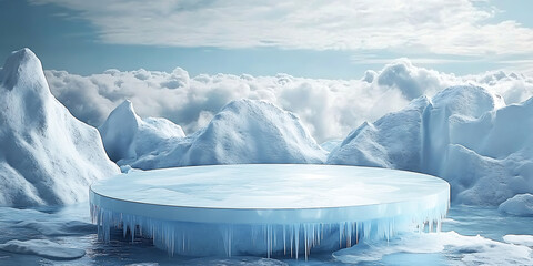 Ice podium background snow winter product platform cold mountain 3D. Podium ice display background cosmetic sky floor blue scene landscape frozen white cool stand pedestal minimal rock glacier nature.