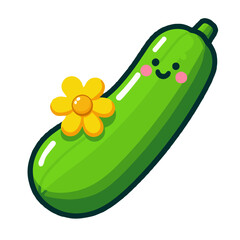 Cheerful zucchini with flower cartoon for eco-friendly campaigns, organic produce visuals, and farm-to-table themes on transparent background