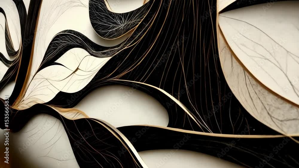 Poster abstract fluid shapes artwork with dark and light curving patterns, intertwined lines and textures, 