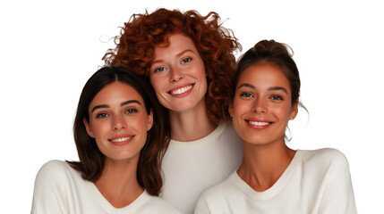 Diverse group of young female friends with beautiful hair and radiant skin, isolated on white or transparent background