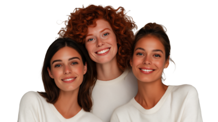 Diverse group of young female friends with beautiful hair and radiant skin, isolated on white or transparent background
