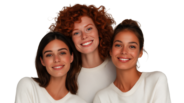 Diverse group of young female friends with beautiful hair and radiant skin, isolated on white or transparent background