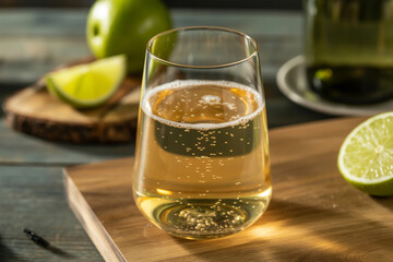 A sparkling beverage in a clear glass with lime wedges on a wooden surface in soft lighting