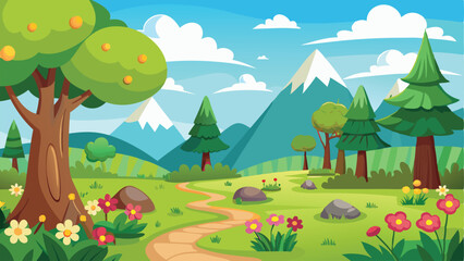 Fototapeta premium Cartoon Landscape with a Winding Path, Mountains, Trees, Flowers, and Sunny Sky