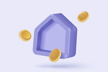 3D vector real estate and coin stack on background. money saving to loan house, property concept of financial, money investment. 3d house vector icon render illustration