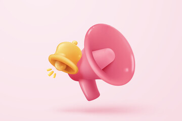 3d megaphone speaker or loudspeaker bullhorn for announce promotion in background, megaphone loud hailer with microphone, speakerphone 3d icon vector render illustration for alert and announcement