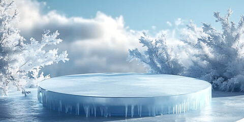Ice podium background snow winter product platform cold mountain 3D. Podium ice display background cosmetic sky floor blue scene landscape frozen white cool stand pedestal minimal rock glacier nature.