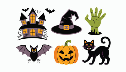 Cute Halloween Vector Set – Haunted House, Pumpkin, Witch Hat, Black Cat & More