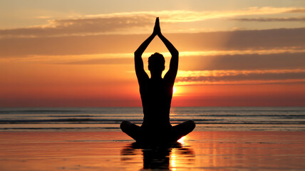 Silhouette of person meditating on beach at sunset with arms raised in prayer position and legs crossed