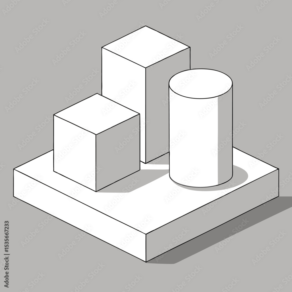 Poster isometric geometric composition with cubes and cylinder on a platform simple white shapes with black