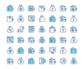 Wallet icons. Vector line icon set. Modern outline design. Blue concept