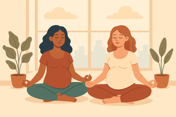 Diverse pregnant women meditating together indoors. Prenatal yoga, mindfulness, relaxation, wellness, expecting mothers’ health, self-care, multicultural, calm, peaceful, plants, home, city view