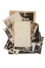 Stack old photos with blank copy space , isolated on white background. abstract textured backdrop,...