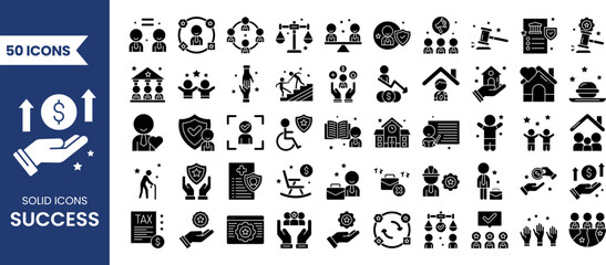 Success icon set in solid style. Icons related to progress, career, growth, profit and more. Vector illustration