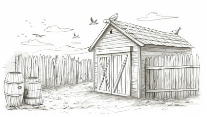Hand-drawn barn with barrels and fence on farm, white background, line art sketch for coloring book.