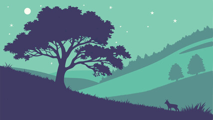 Serene Nightscape Design Featuring a Majestic Tree and Rolling Hills