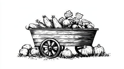 Hand-drawn wooden cart with hay, vintage sketch, white background, rustic meadow farm design.