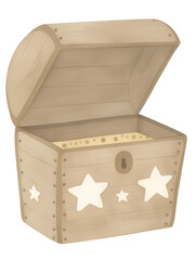 Wooden Treasure Chest with Star Decor on a White Background